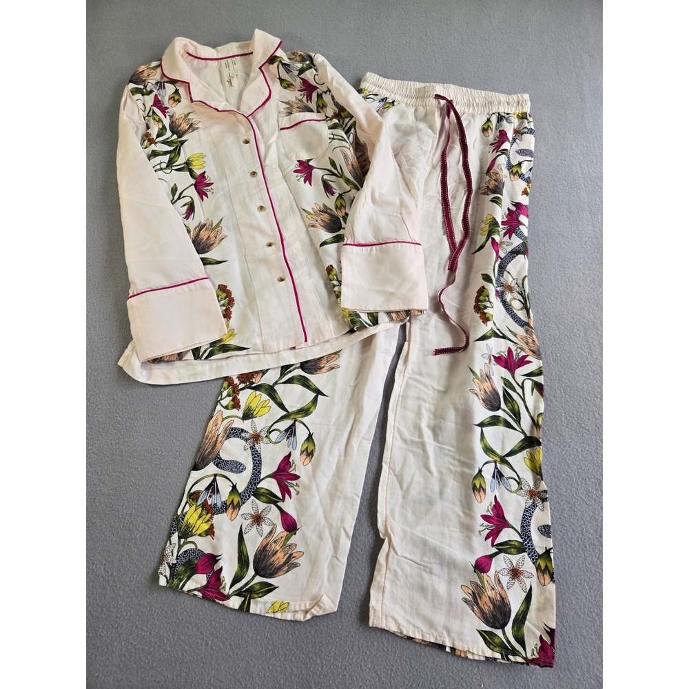 Anthropologie Victoria Garcia Pajama Set Womens XXS Pink Floral Snake Cotton